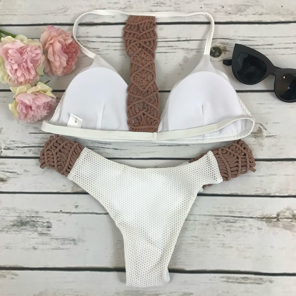 Boho White Knit Braided Crochet Brazilian Bikini - Picture 12 of 15